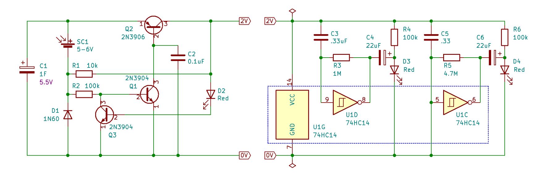 Schematic of SIMD1 nocturnal engine and dual-LED pummer with 74HC14